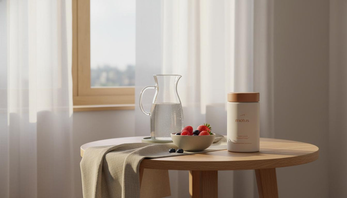 Minimalist morning scene with Tonum Motus bottle on a wooden table beside a carafe and bowl of berries, soft window light; do fat burners work without exercise concept.