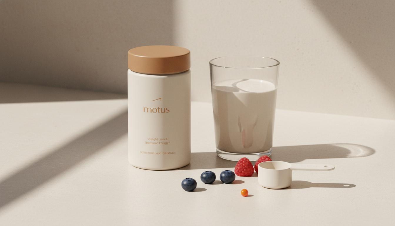 Minimalist kitchen counter with Tonum Motus container beside a light protein shake, scattered berries and scoop — Is 150 calories a lot for a protein shake?