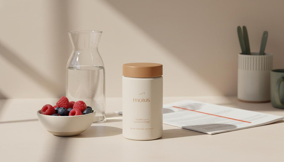 Minimalist kitchen counter with Tonum Motus supplement jar beside a glass carafe, bowl of berries and a research printout, visual for Ozempic vs leptin article.