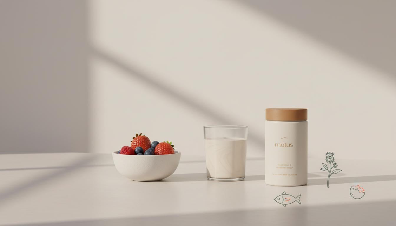 Minimalist kitchen counter with bowl of berries, glass protein shake and Tonum Motus jar beside small icons of fish, milk thistle and egg, showcasing protein meal replacements.