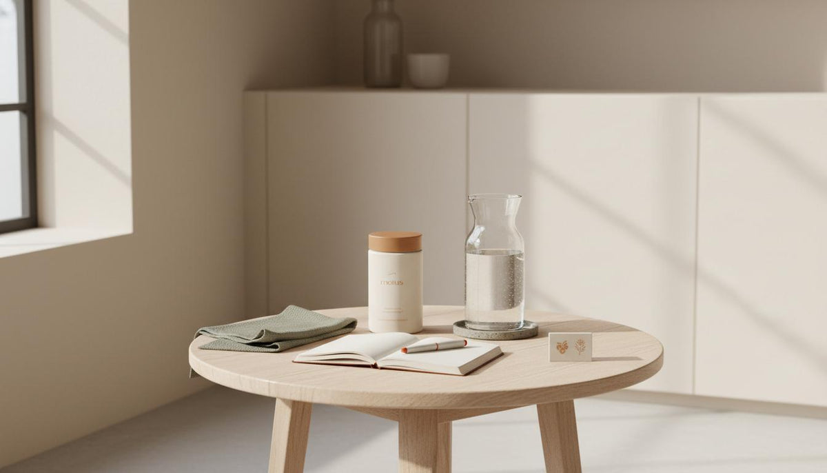 Minimalist kitchen scene with Tonum supplement jar on a round wooden table beside a glass carafe and open journal, small berries and milk thistle icons — functional nutrition coach