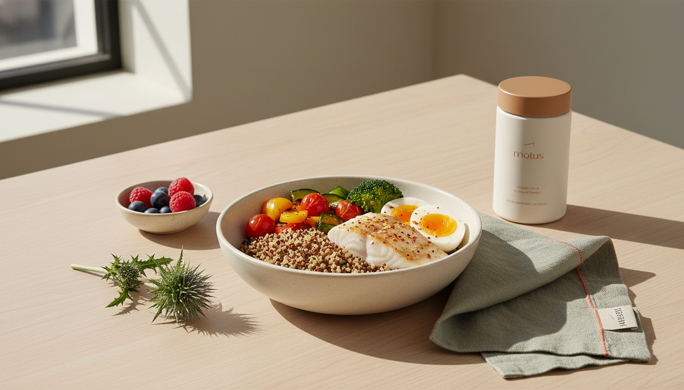 Minimalist overhead photograph of a nutrient-dense quinoa bowl with grilled fish, berries and a Tonum Motus jar, illustrating the absolute healthiest meal for balanced nutrition.