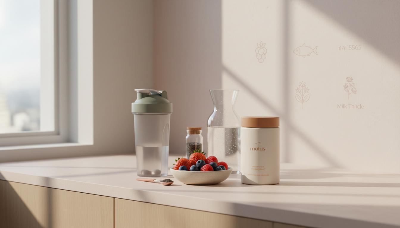 Minimalist kitchen counter with Tonum Motus container beside a shaker bottle, bowl of mixed berries and a carafe of water, illustrating 2 shakes and 1 meal weight loss.