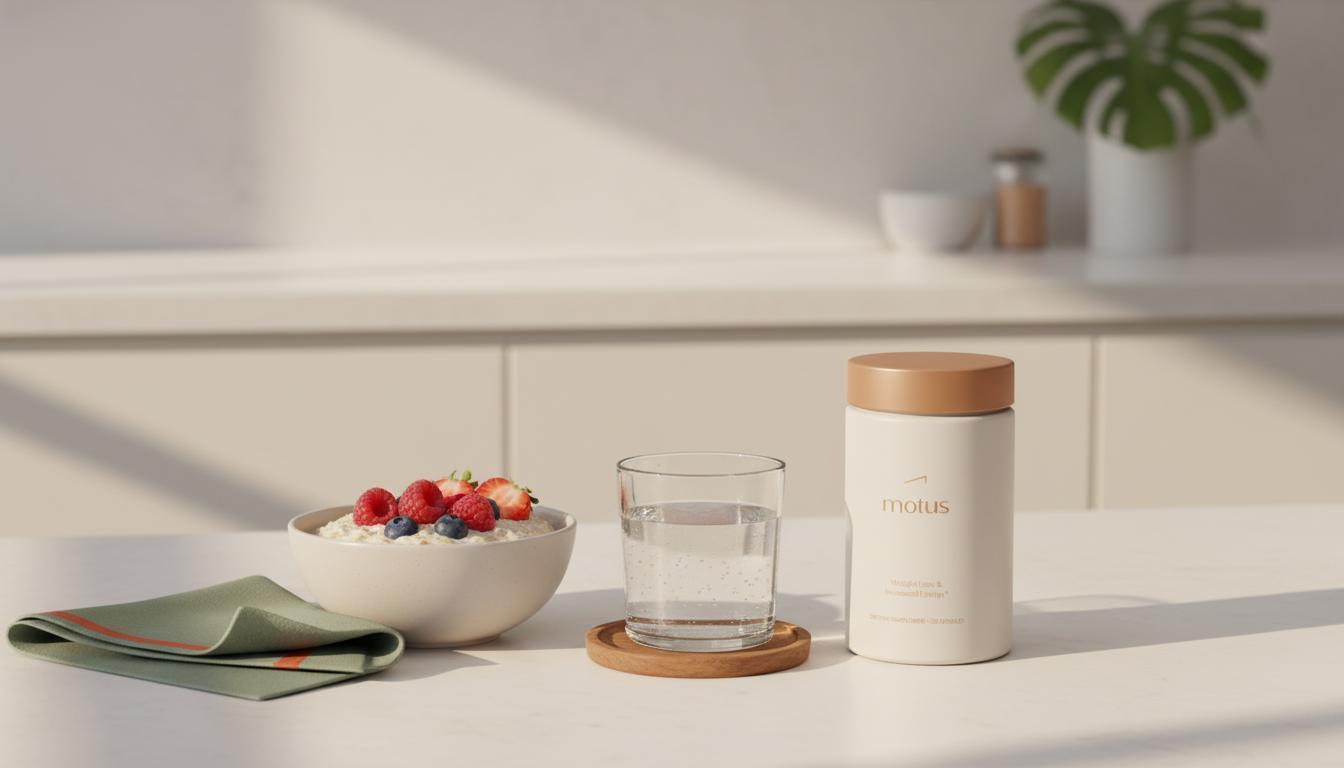 Minimalist kitchen counter with Tonum supplement jar beside oatmeal and water, illustrating the downside to taking Metamucil in a calm daily-routine context.