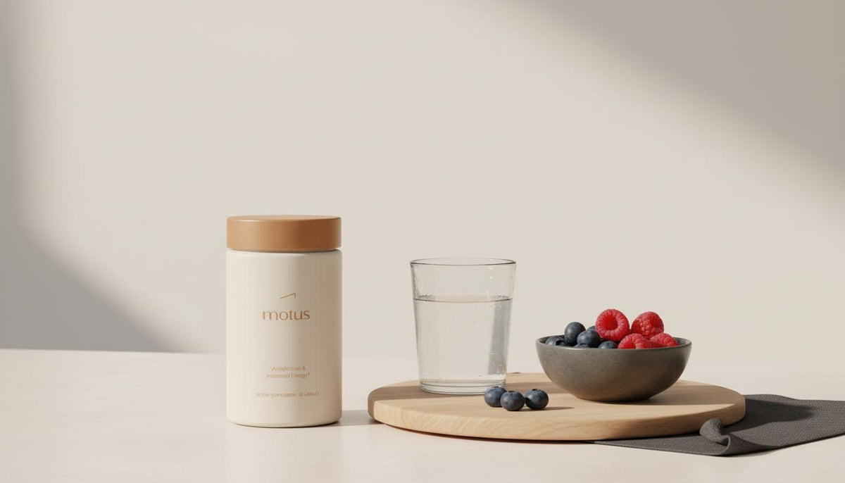 Tonum Motus supplement container on a minimalist kitchen counter next to a wooden board with berries and a glass of water, protein powder lifestyle scene in Tonum colors.