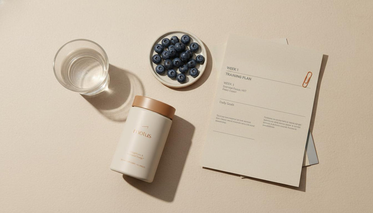 Flat-lay of a Tonum Motus supplement jar beside a glass of water, blueberries and a folded training plan on a beige table to activate AMPK naturally.