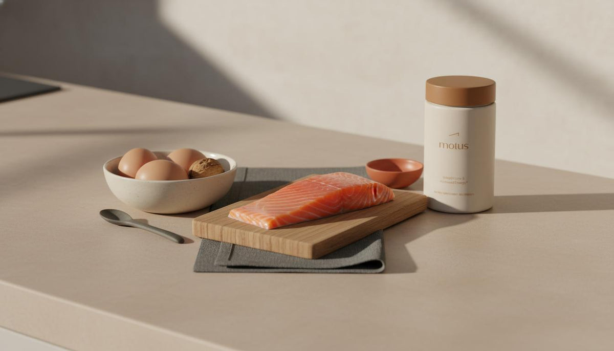 Minimal kitchen counter with Tonum supplement container beside eggs, walnuts and a salmon fillet in soft morning light — activate neurotransmitters naturally