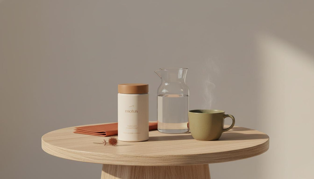 Tonum Motus jar beside a ceramic cup of green tea on a small wooden table in soft morning light on a #F2E5D5 background — minimalist health scene for green tea for belly fat