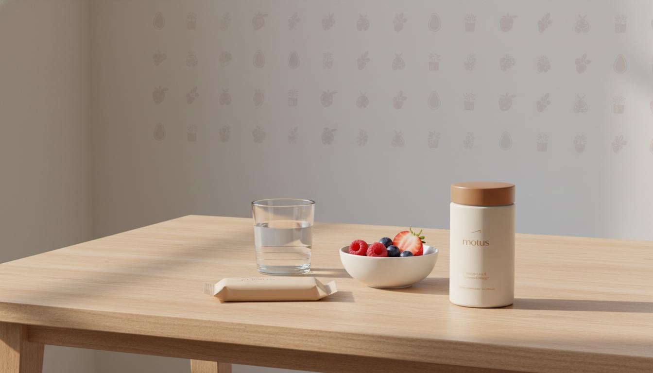 Minimalist kitchen table with wrapped meal replacement bars, small bowl of berries, glass of water and Tonum Motus jar at the edge on a beige background