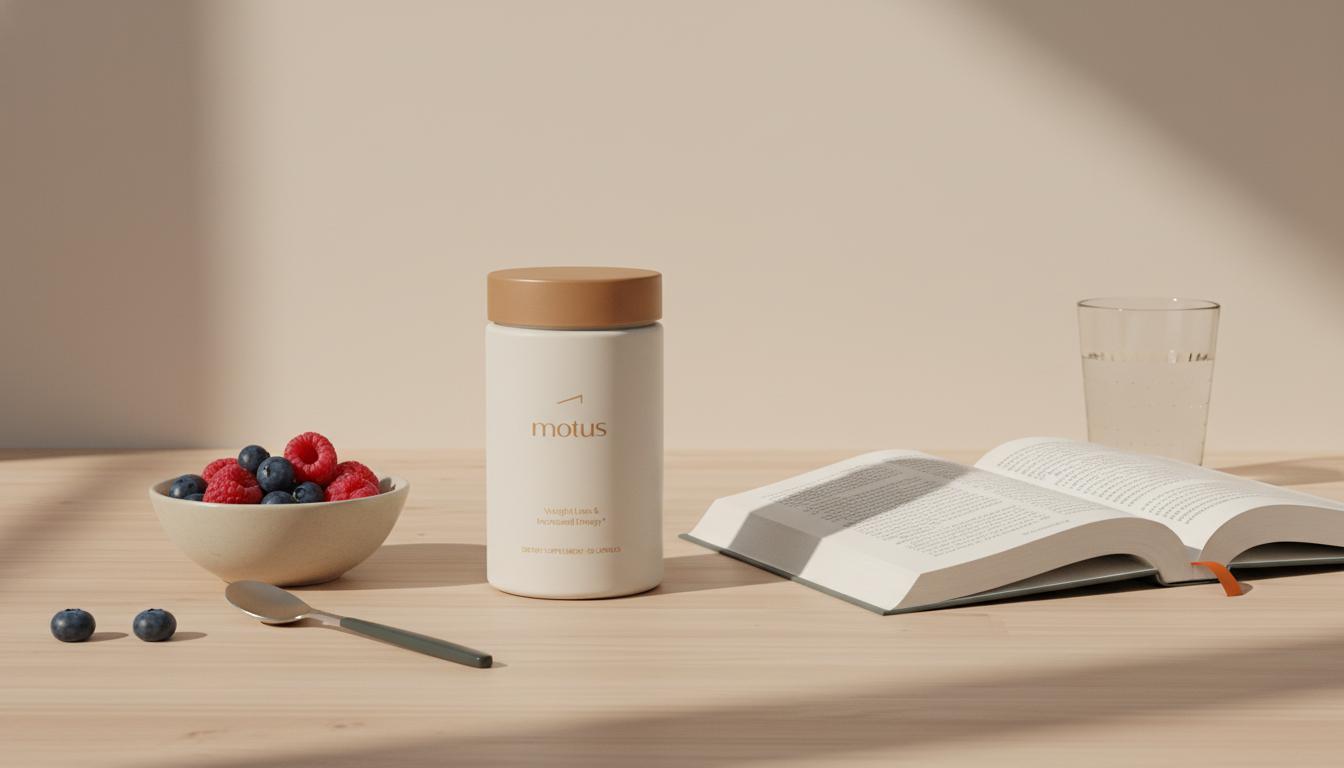 Minimalist kitchen counter with Tonum Motus supplement jar beside a bowl of berries, open research journal and glass of water illustrating conjugated linoleic acid benefits.