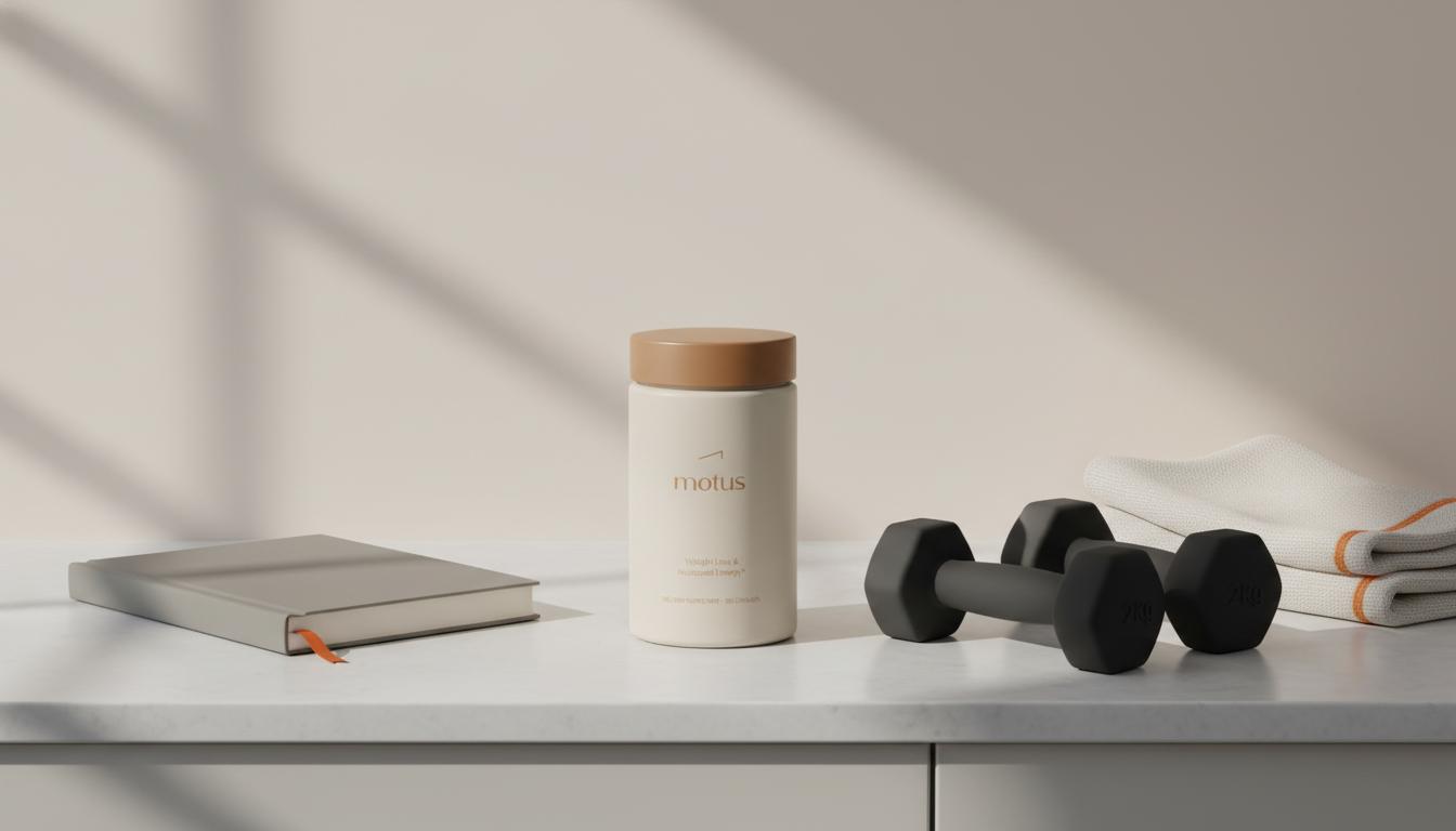 Minimalist clinical banner of Tonum Motus supplement container on a light-gray countertop beside a closed journal, dumbbells and a folded towel, evoking Adele weight loss method.