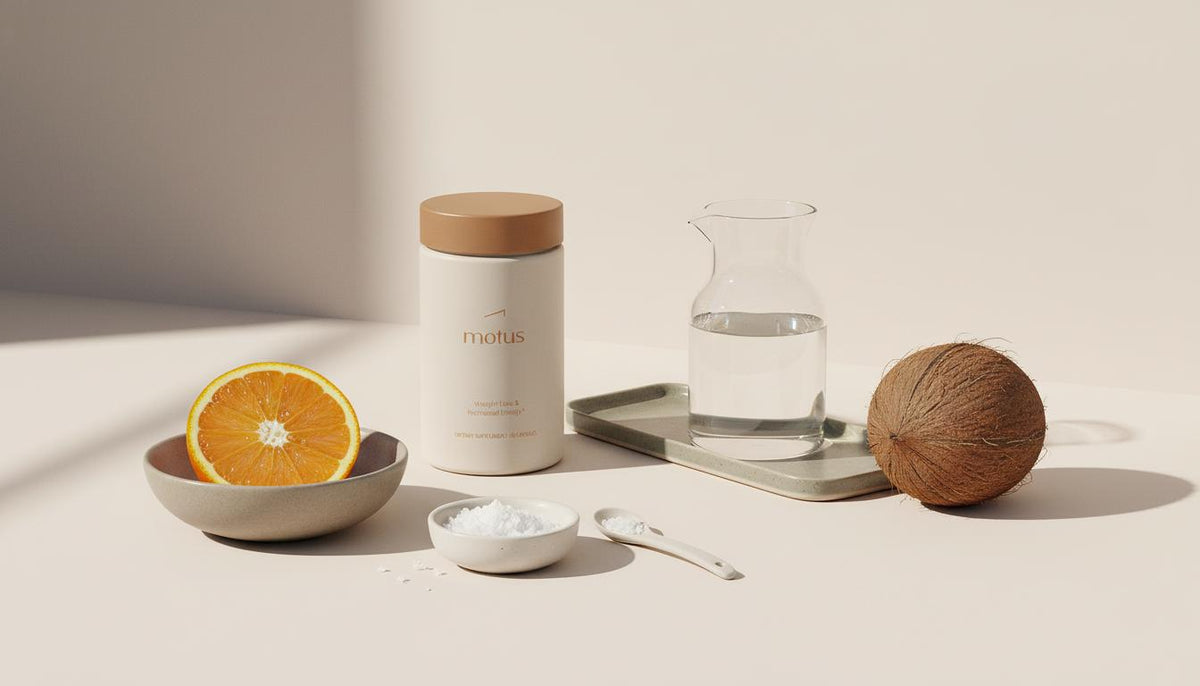 Minimalist still-life of a Tonum Motus bottle with a glass carafe, halved orange, salt ramekin and single coconut on pale #F2E5D5 background suggesting an adrenal cocktail ritual.