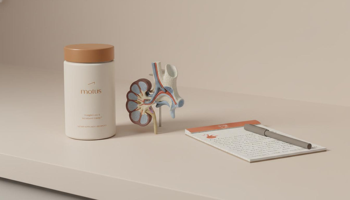 Minimalist still-life: Tonum Motus container, medical notes and anatomical adrenal gland model on a pale beige counter, illustrating adrenal insufficiency.