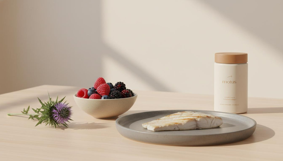 Minimalist still-life with Tonum supplement jar, bowl of berries, milk thistle sprig and grilled fish on a clean tabletop, promoting improve memory and concentration.