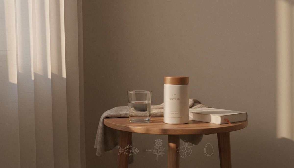 Minimalist bedside scene at dusk with Tonum supplement jar, glass of water and book, illustrating when to take a night fat burner.