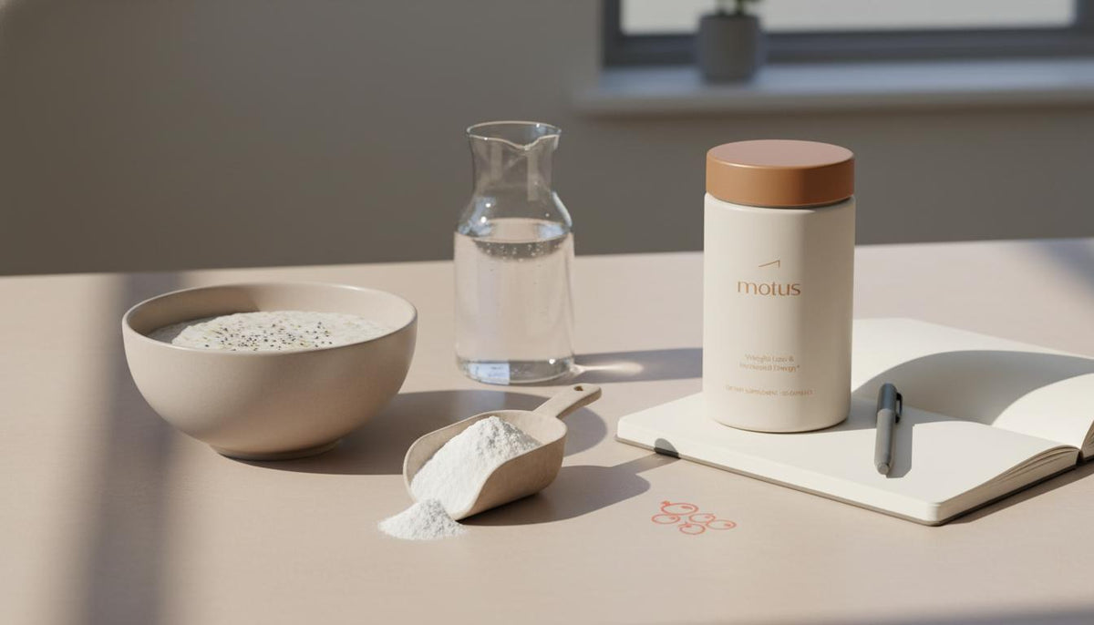 Minimalist kitchen counter with oats bowl, glass carafe, open notebook, ceramic scoop of protein powder and Tonum supplement container, small berry motif — best protein powder for muscle growth