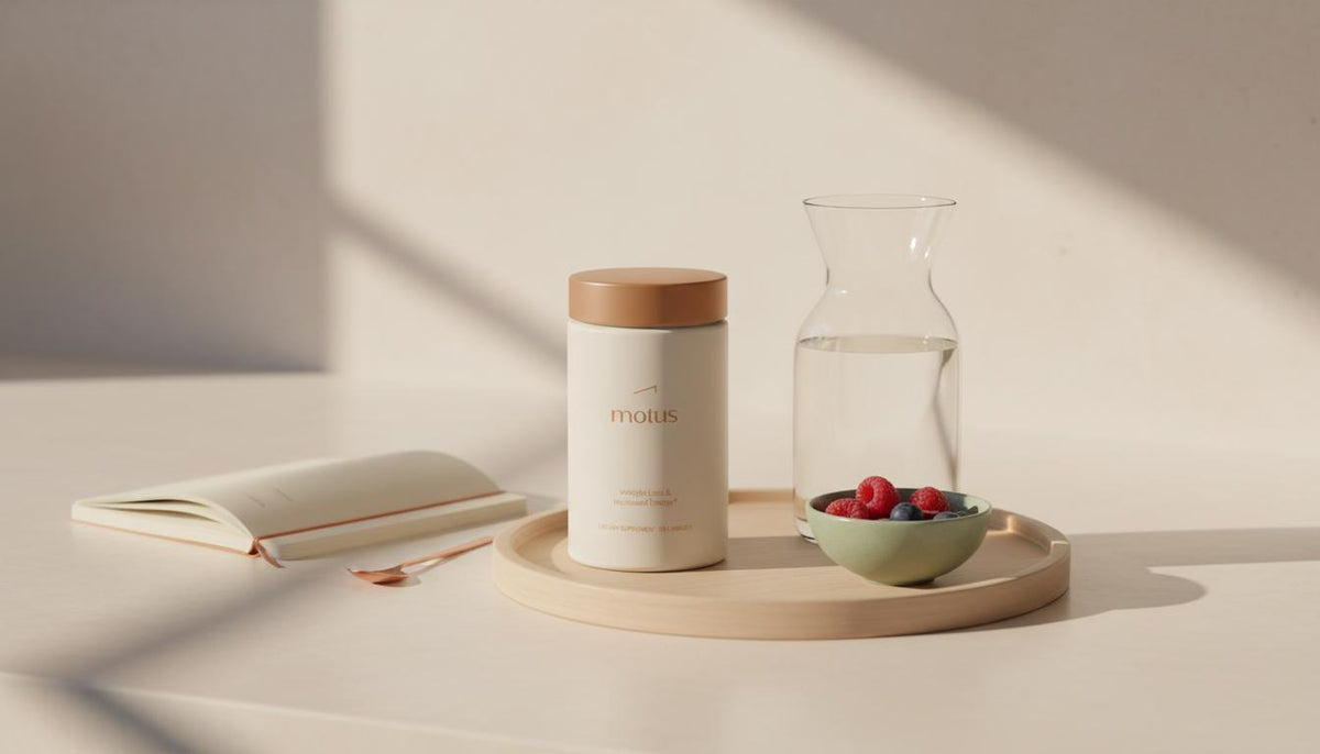 Minimal morning routine scene with Tonum Motus supplement jar beside berries, water and notebook, evoking practical weight loss after 50 habits.