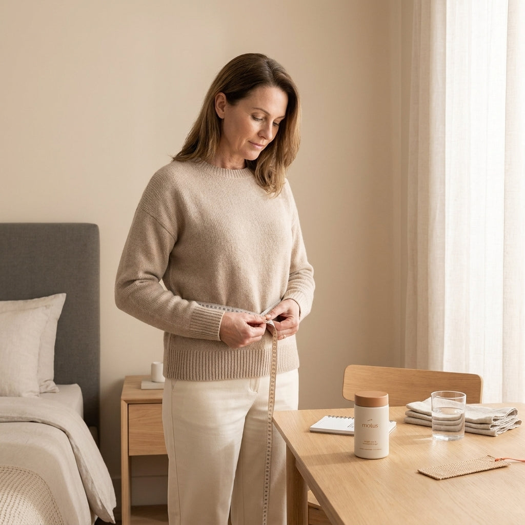 Midlife woman measuring her waist at a wooden table with a Tonum supplement jar nearby, illustrating routine and evidence-based care for after menopause do you lose weight