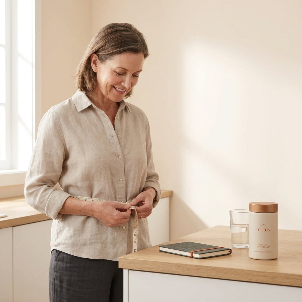 Middle-aged woman measuring her waist in a bright kitchen beside a Tonum Motus supplement jar and notebook, after menopause do you lose weight