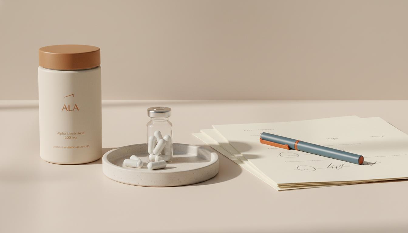Minimalist still-life of a Tonum supplement container labeled 'ALA' with capsules on a ceramic dish beside research papers and a pen, illustrating ALA contraindications.