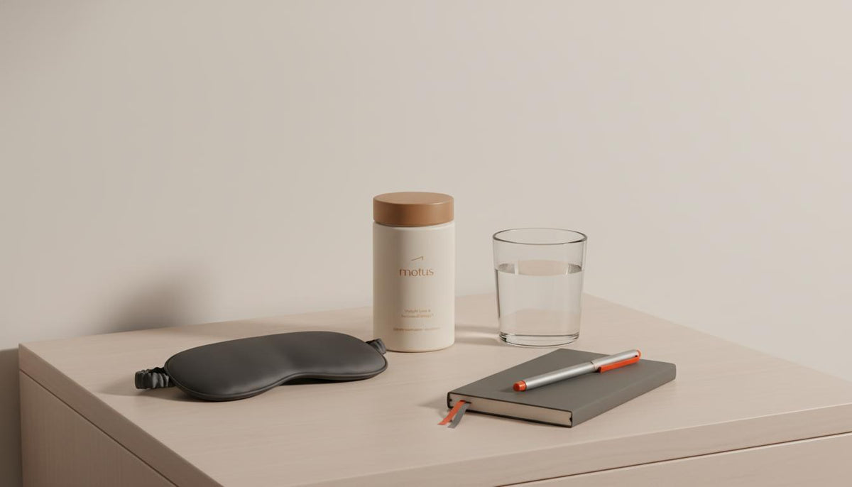 Minimal bedside still-life with Tonum Motus supplement bottle beside a glass of water, sleep mask and notebook on beige background — ALA for weight loss