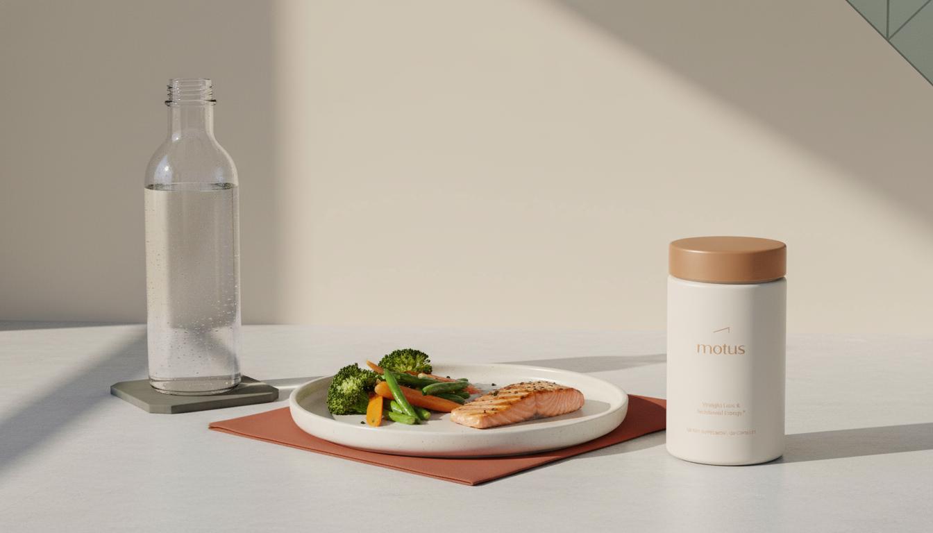 Minimalist kitchen counter with water bottle, plate of vegetables and lean protein beside a Tonum Motus container, suggesting recovery and measured choices after alcohol after fatty liver