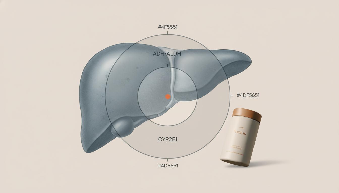 Minimalist medical illustration of a liver with a translucent circular graph labeling ADH/ALDH and CYP2E1 pathways, subtle Tonum Motus container on beige background — alcohol metabolism liver