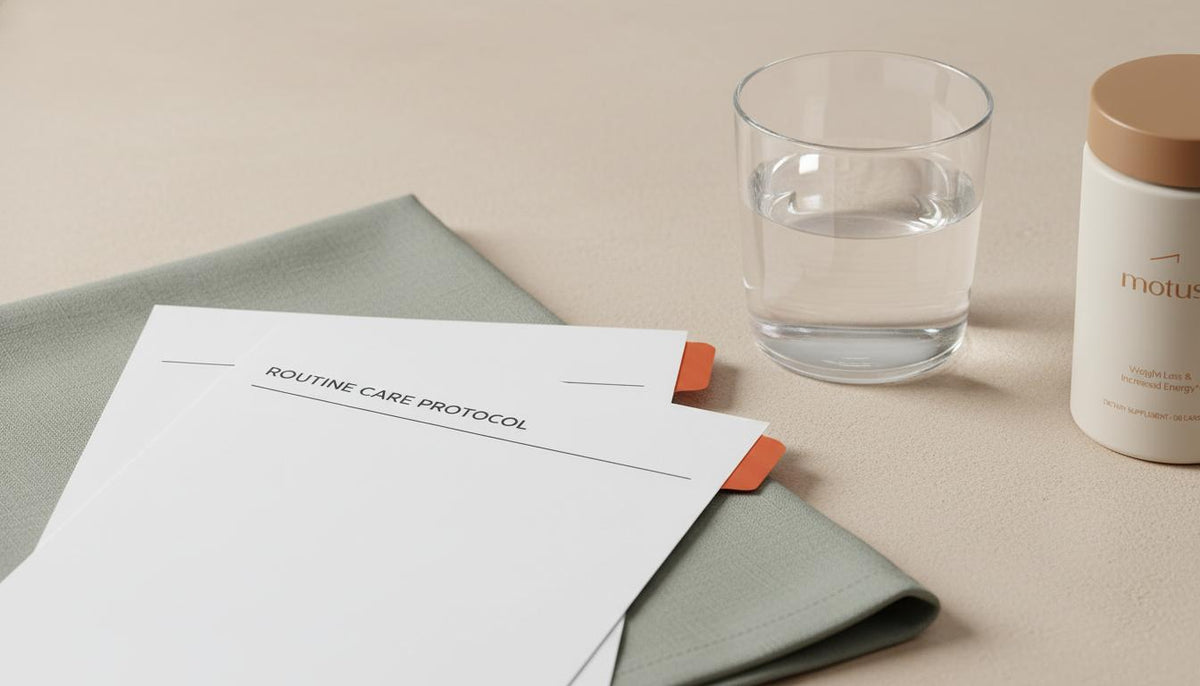 Minimalist clinical tabletop with folded linen, medical papers, a glass of water and the Motus supplement jar edge, suggesting routine care for alcohol related liver disease.