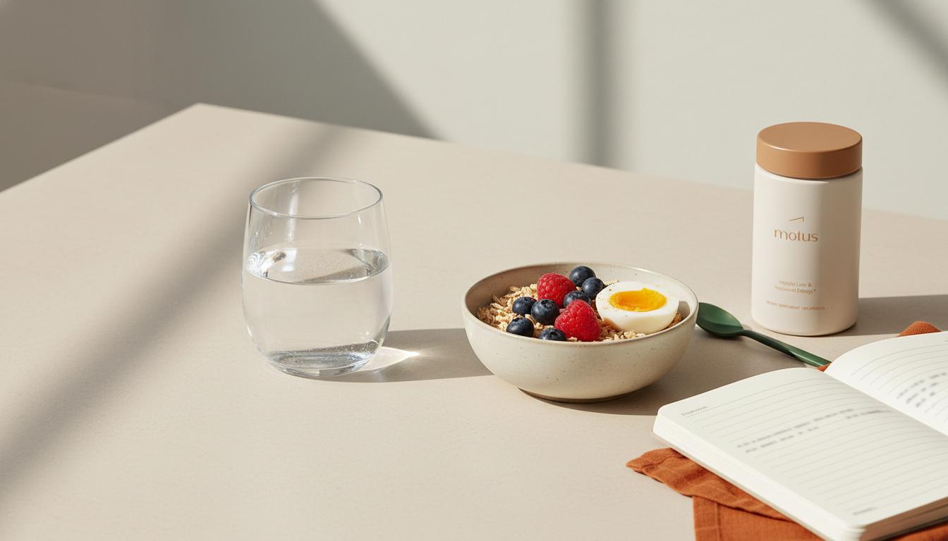 Minimalist kitchen still-life with water, oats, berries, and a soft‑boiled egg beside a Tonum supplement, conveying evidence-based recovery and alcoholic fatty liver recovery time.