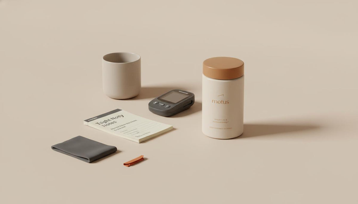 Minimalist tabletop showing the Tonum supplement container with clinical notes, a glucose monitor and ceramic cup, illustrating choices about alpha lipoic acid and sertraline