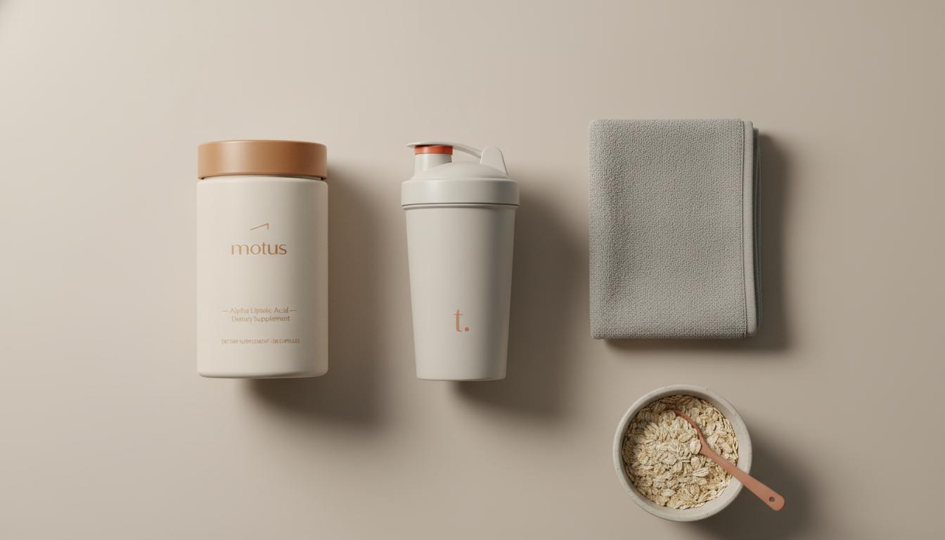 Minimalist flat-lay of Tonum supplement jar with shaker, gray towel and bowl of oats on beige background, emphasizing alpha lipoic acid bodybuilding