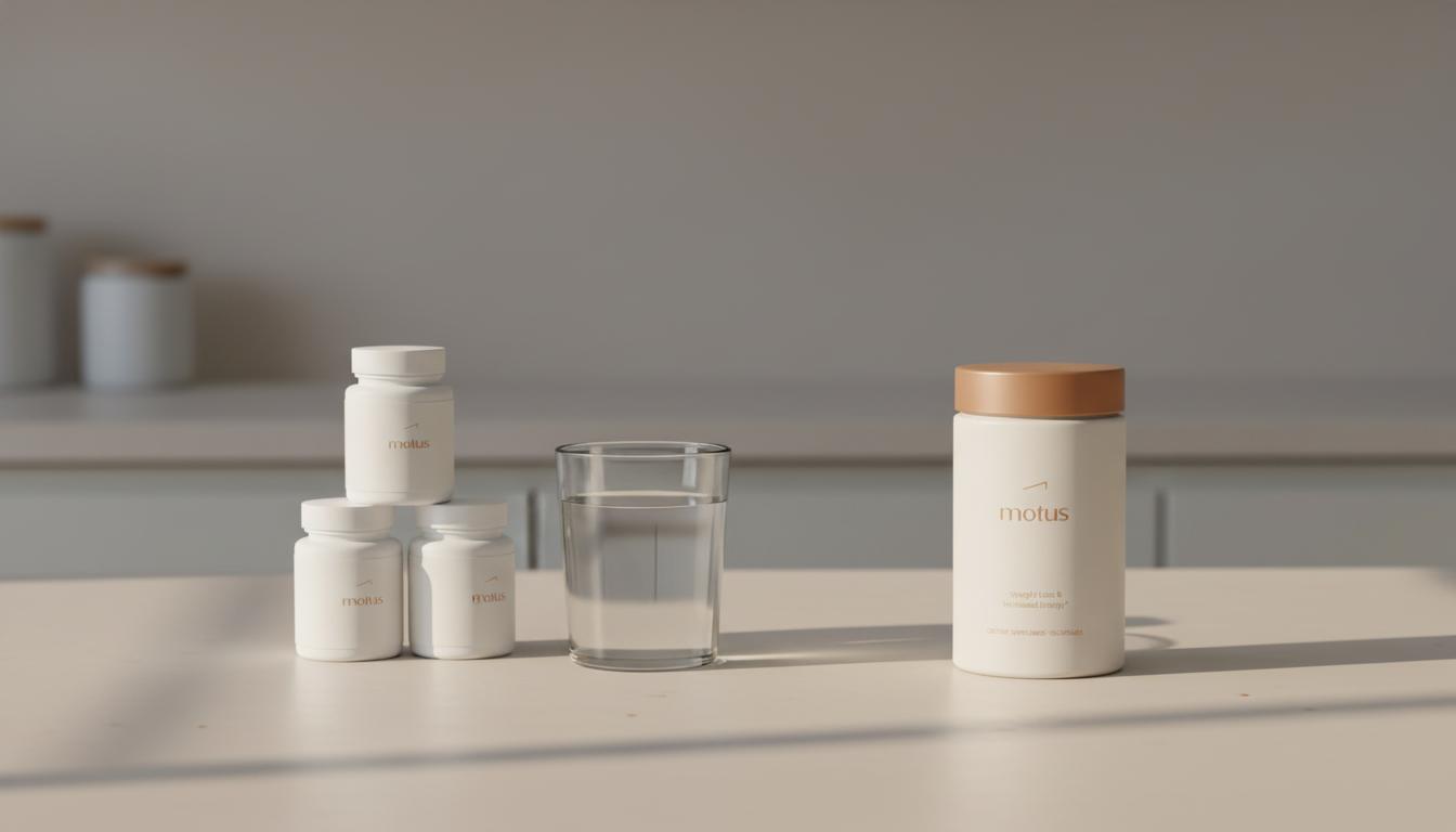 Minimalist kitchen counter with Tonum supplement container, small pill bottles and a glass of water in a calm, clinical scene about alpha lipoic acid constipation