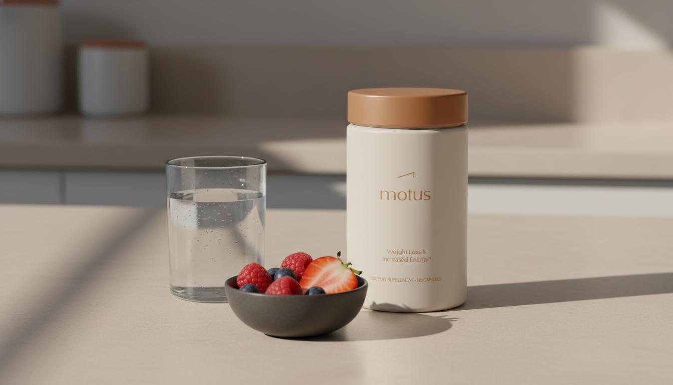 Minimalist still-life of a Tonum supplement jar beside a glass of water and mixed berries on a beige counter, illustrating alpha-lipoic acid daily dosage.