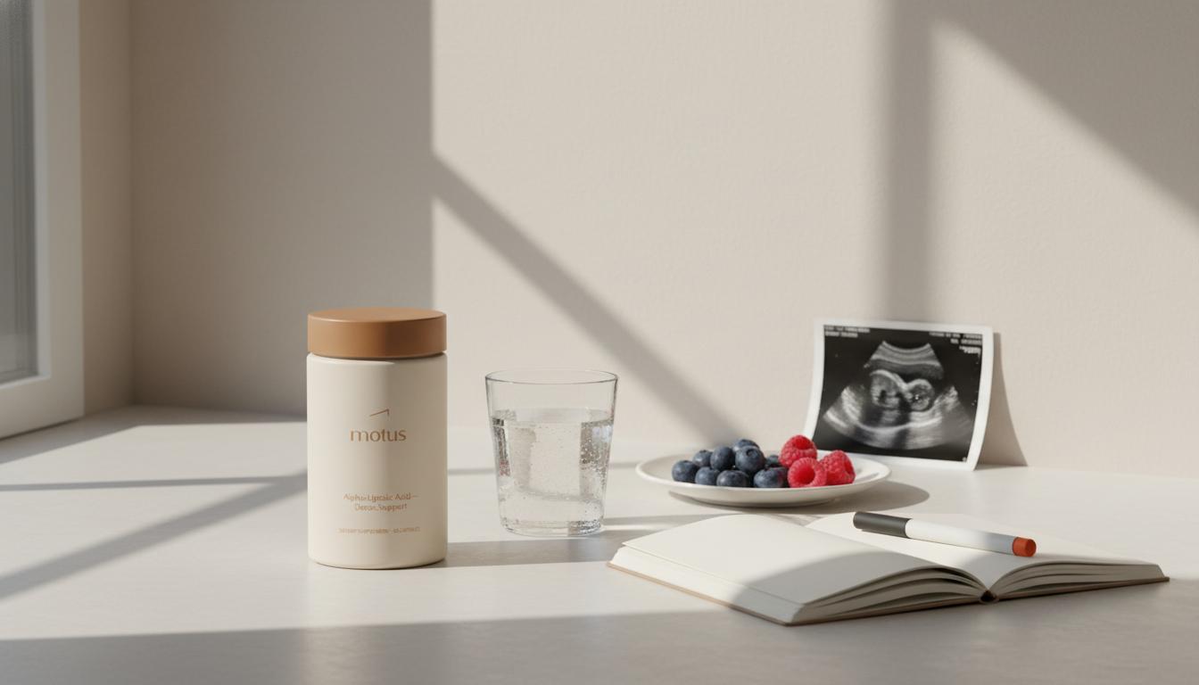 Minimal clinical kitchen counter with a Tonum supplement jar labeled Alpha-Lipoic Acid — detox support beside a glass of water, notebook, pen and a plate of berries for alpha-lipoic acid detox.