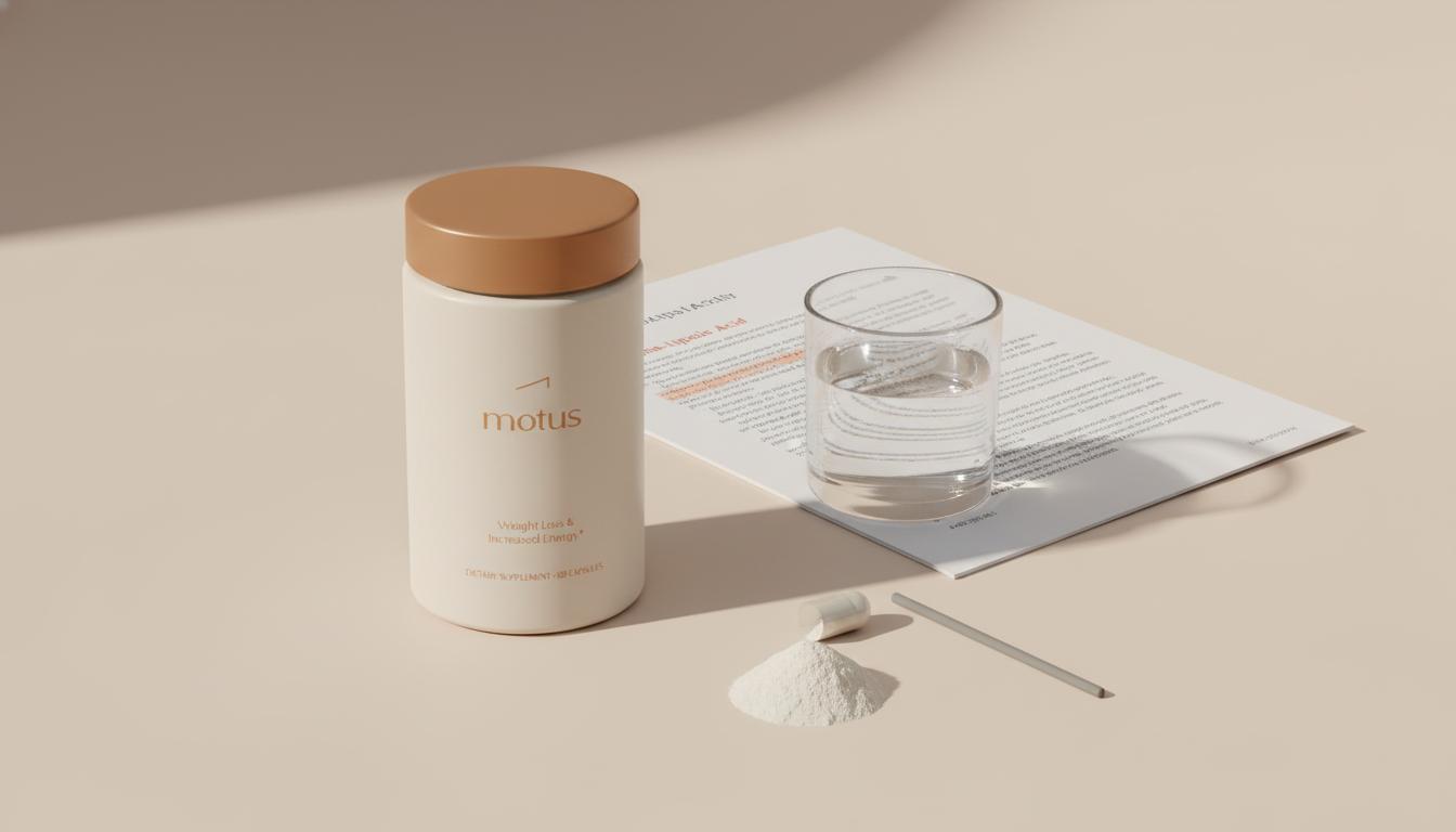 Flat-lay of Tonum supplement jar and open alpha-lipoic acid capsule with powder, glass of water and highlighted research page on beige background, emphasizing alpha-lipoic acid dosage for weight loss