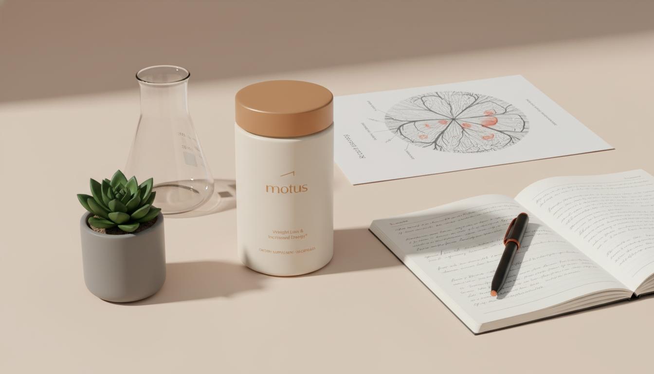 Minimalist flat-lay of Tonum supplement jar with lab props and a blurred retinal diagram, evoking alpha-lipoic acid eye health research-backed wellness