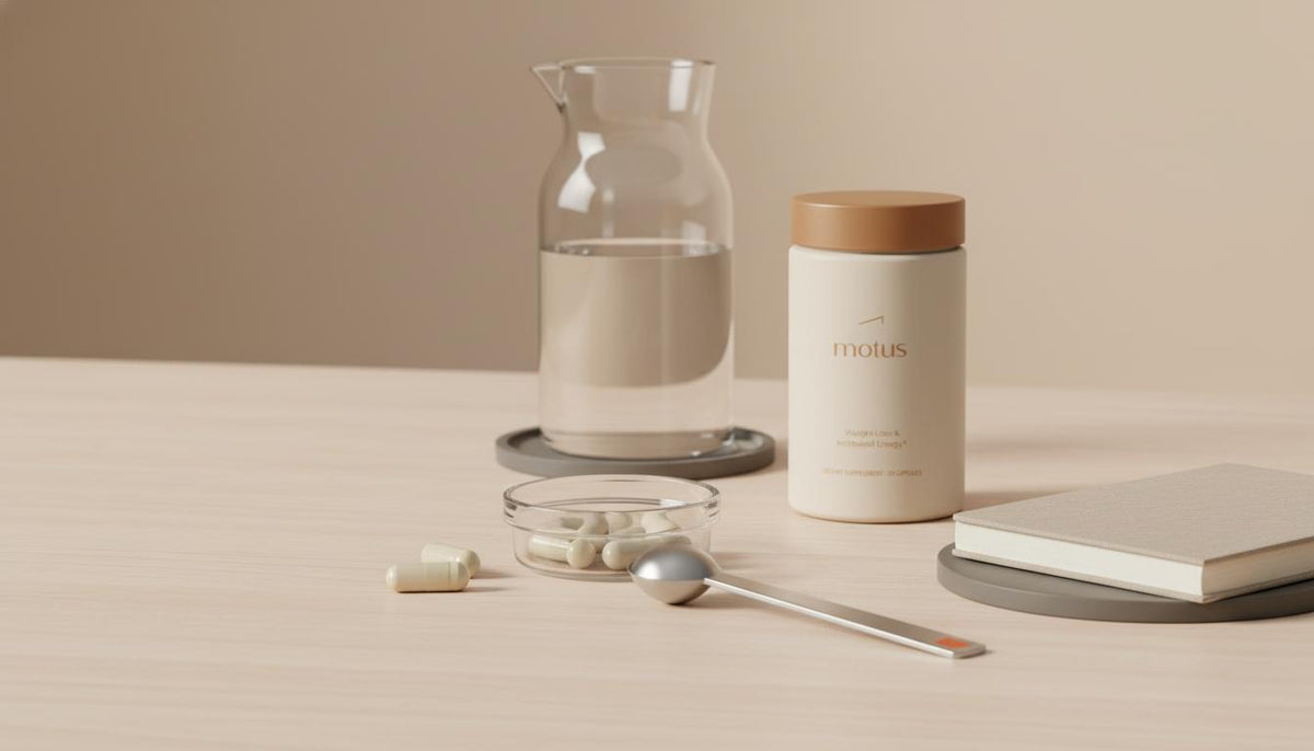 Minimal tabletop photo of alpha-lipoic acid capsules in a glass dish with a Tonum supplement jar, measuring spoon, notebook and water carafe in a calm clinical style promoting alpha-lipoic acid for weight loss.