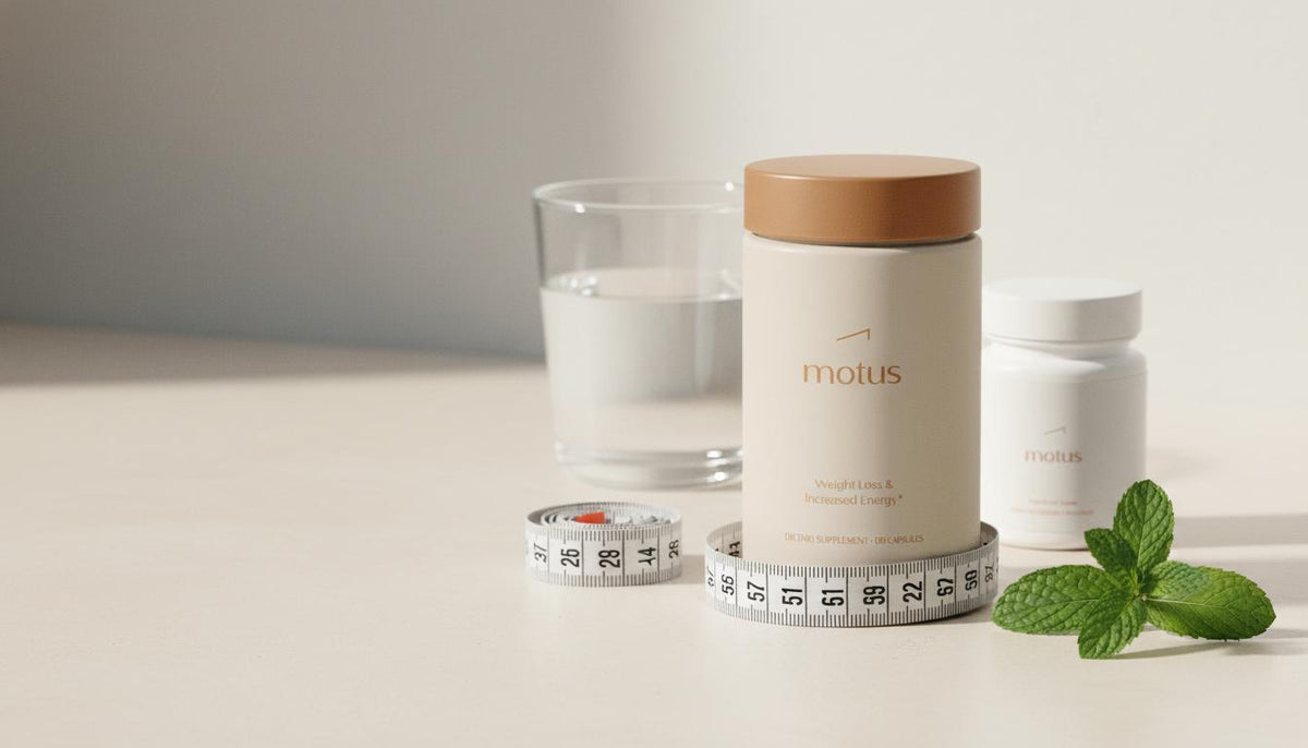 Minimal Tonum tabletop scene with Motus supplement, measuring tape, glass of water and mint sprig in soft natural light, highlighting alpha-lipoic acid for weight loss.
