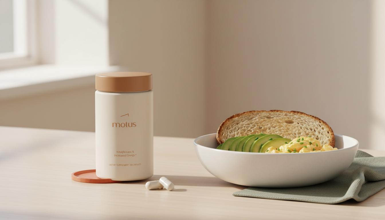 Minimalist kitchen counter with Tonum supplement jar beside open capsule and a bowl of whole-grain toast, avocado, and scrambled egg — visual for alpha-lipoic acid heartburn.