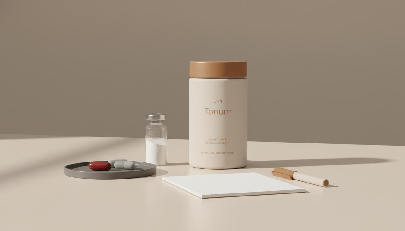 Tonum supplement container beside a vial of powdered alpha-lipoic acid and a dish of iron and zinc capsules on a beige lab countertop, illustrating alpha-lipoic acid interactions.