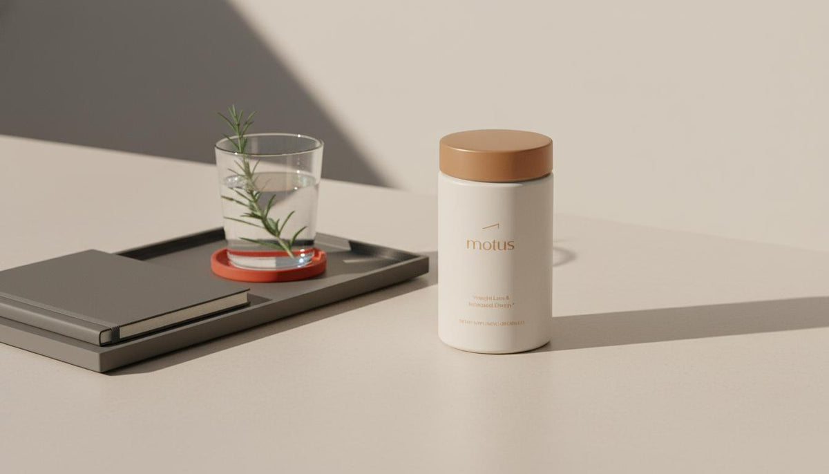 Minimalist product photo of a Tonum supplement jar with lab notebook, glass of water and green sprig on a light beige background, evoking alpha-lipoic acid metabolism research.