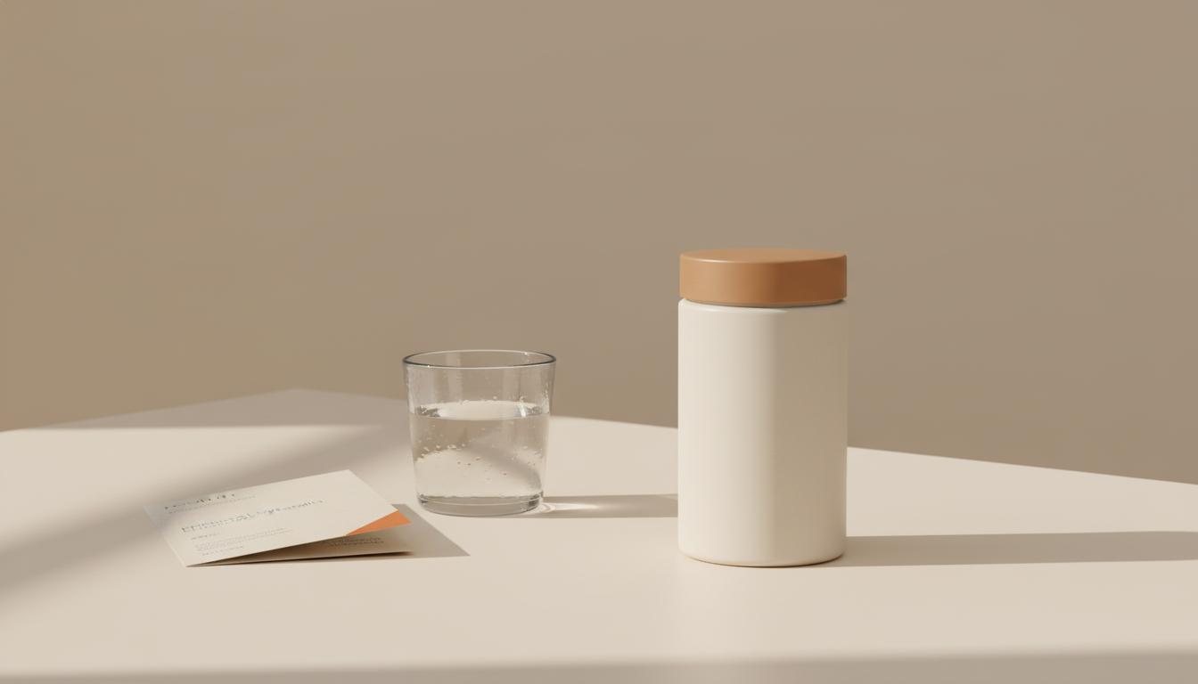 Minimal clinical tabletop scene with a Tonum supplement container, glass of water, and folded prenatal leaflet illustrating alpha-lipoic acid pregnancy safety.