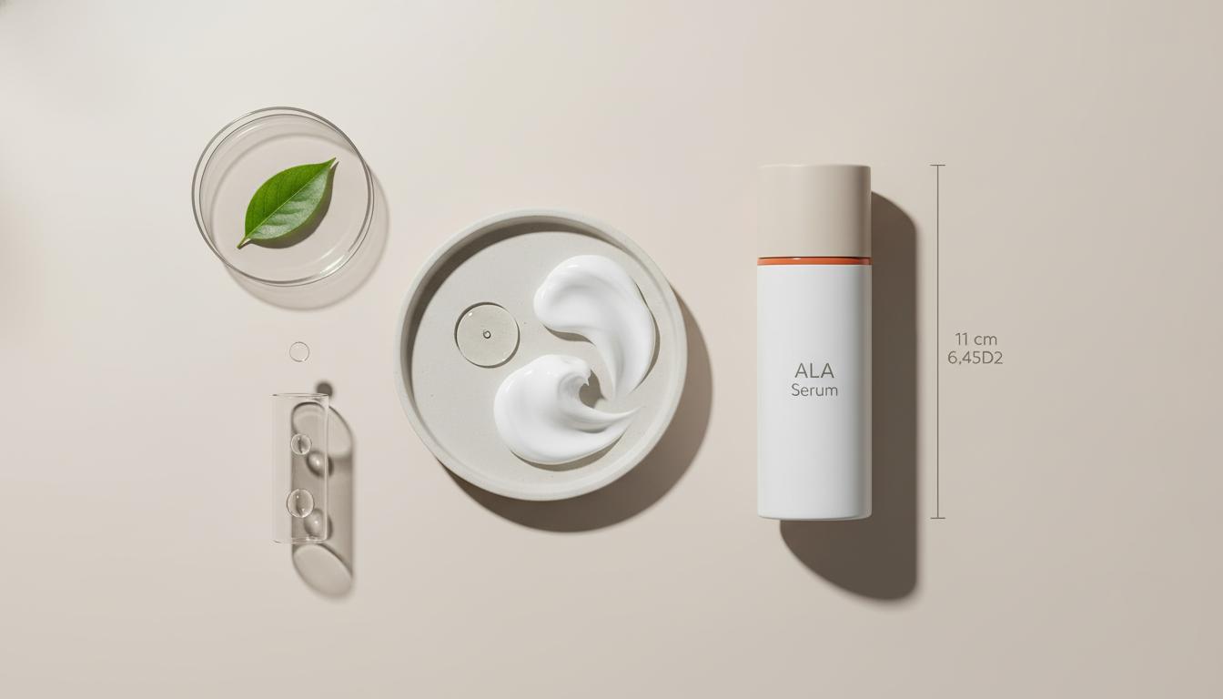 Minimalist Tonum still-life with ALA Serum bottle, ceramic dish with a serum droplet and cream swirls, petri dish and beaker; clinical, modern scene focused on alpha-lipoic acid.