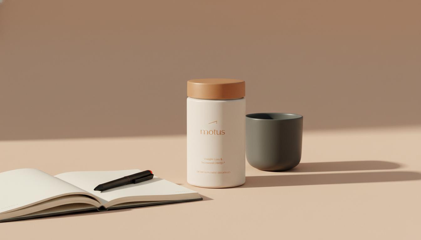 Minimalist close-up of Tonum supplement jar beside a neutral ceramic cup and open notebook on beige background, conveying calm, clinical context for alpha lipoic acid side effects