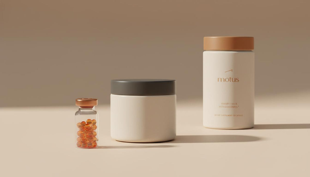 Minimalist clinical photo of a glass vial and Tonum supplement container on beige background, calm scientific styling highlighting alpha-lipoic acid side effects.