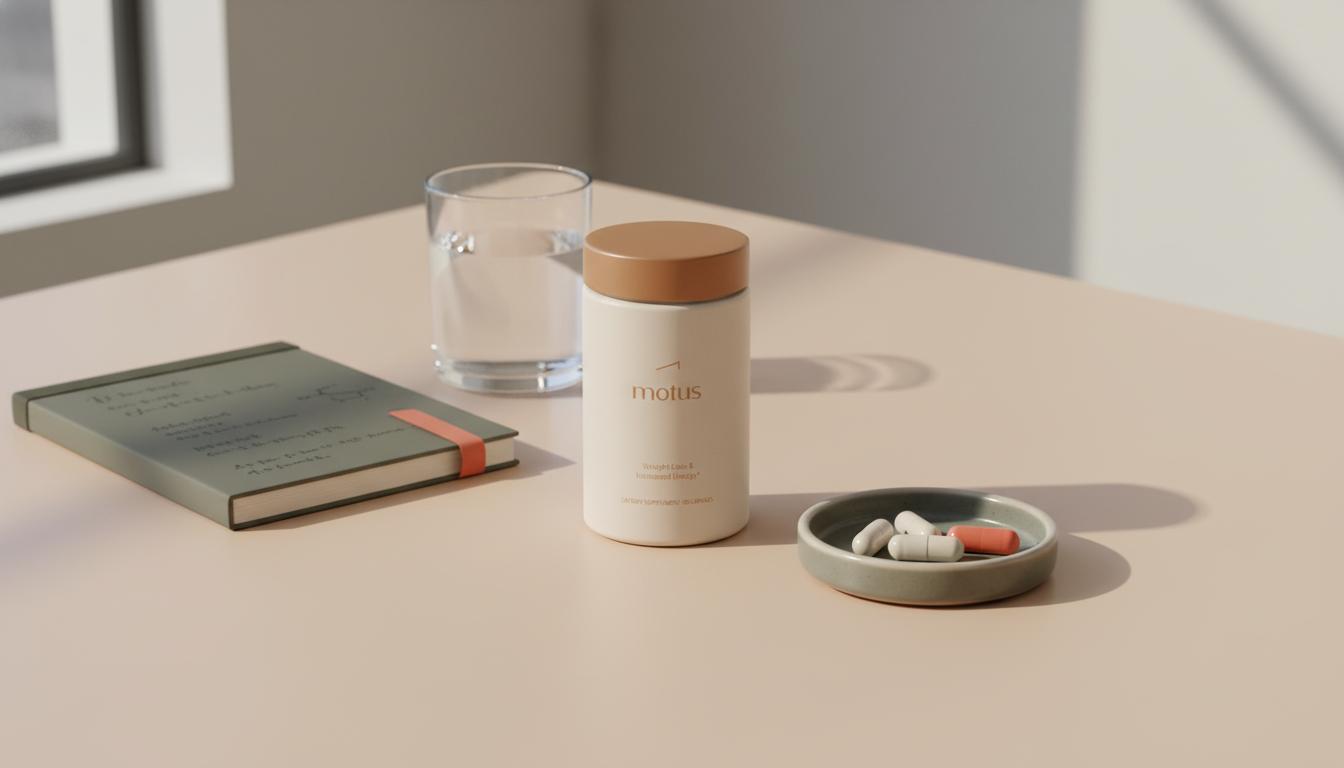 Minimalist still-life of a Tonum supplement container with a dish of capsules, notebook and glass of water on a #F2E5D5 background, highlighting alpha-lipoic acid