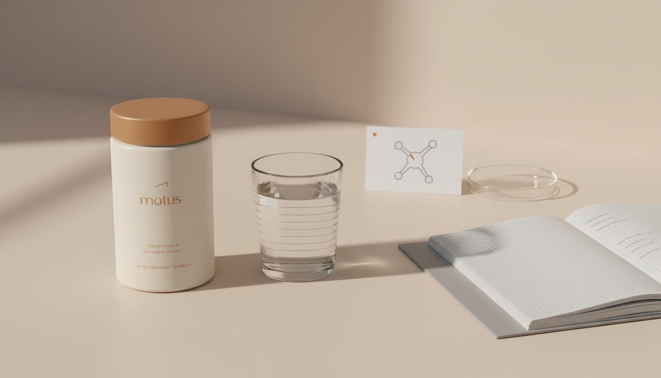 Alpha lipoic acid supplement container on a beige Tonum-style table with a glass of water, lab notebook and petri dish; minimalist clinical lifestyle scene.