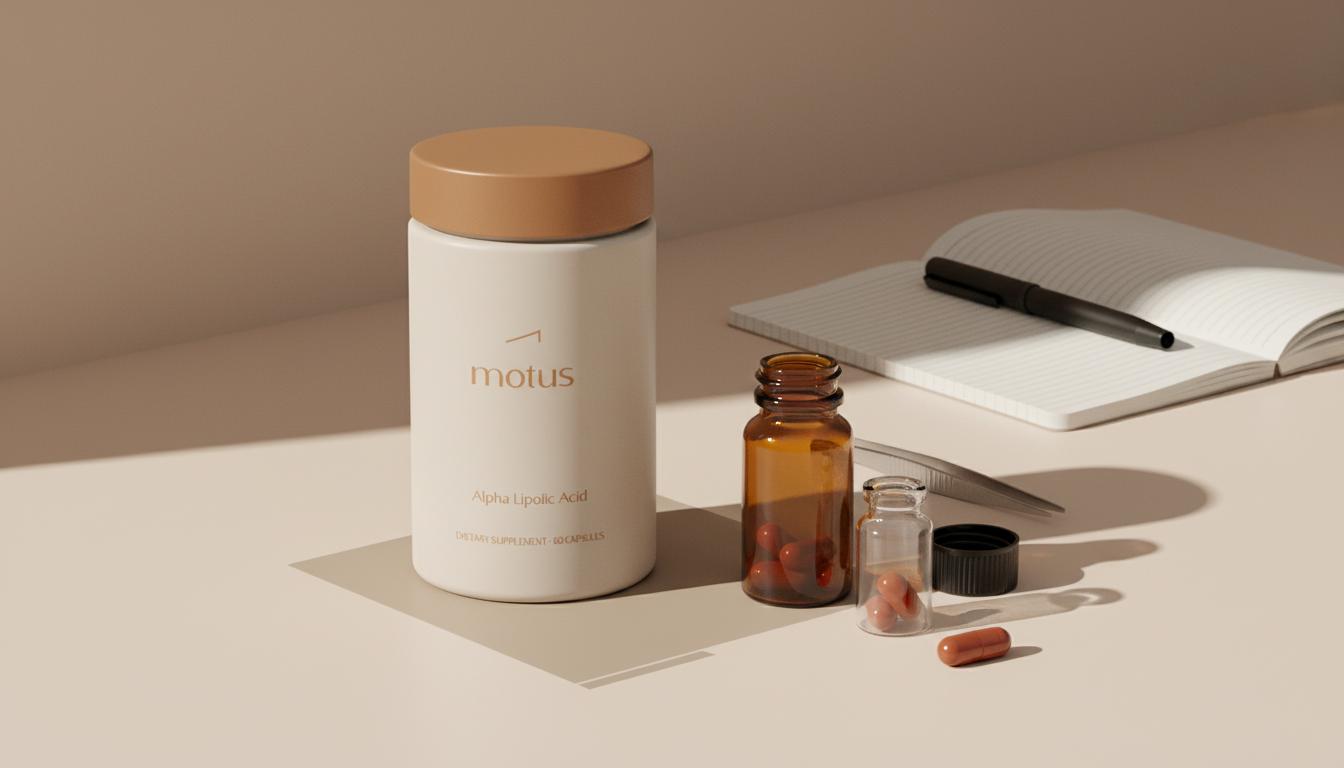 Minimalist close-up of Tonum supplement jar and open capsule bottle on a light beige countertop, highlighting alpha lipoic acid supplement in a calm clinical setting.