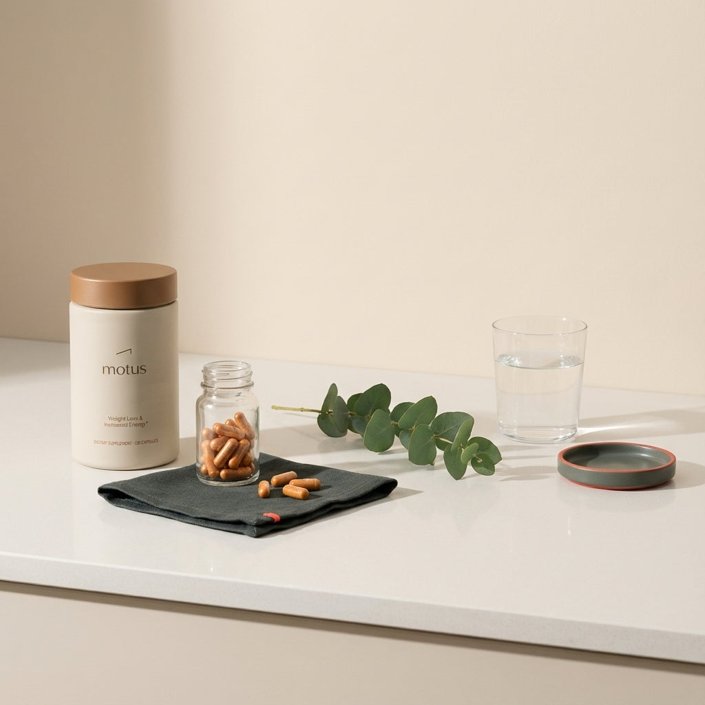 Minimal Tonum countertop with supplement container from reference, open bottle of alpha-lipoic acid capsules, glass of water and green sprig — alpha-lipoic acid weight loss