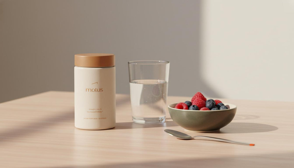 Minimalist Tonum scene with Motus supplement container on a light wooden table, glass of water and small bowl of berries on #F2E5D5 background, suggesting alpha-lipoic acid weight loss.